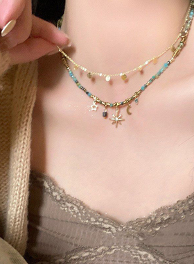 复古串珠叠戴项链女款小众波西米亚太阳花锁骨链脖子颈链配饰