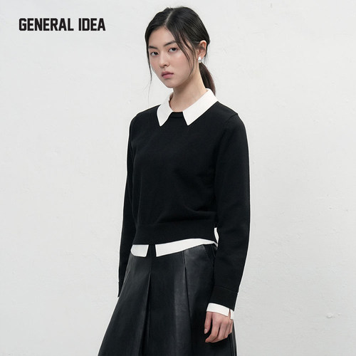 GENERAL IDEA BY BUMSUK 韩国正品 假两件撞色翻领休闲针织毛衣女 - 图1