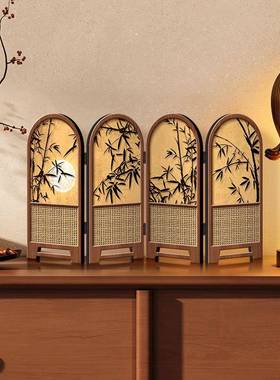 小屏风摆件中古风竹子新款桌面摆台画 划折叠折屏高级感电视柜装
