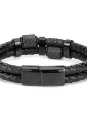欧美潮牌黑色双层编织皮滚轮钛钢磁吸扣手链嘻哈潮男手环原创设计