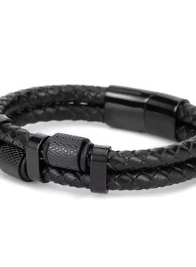欧美潮牌黑色双层编织皮滚轮钛钢磁吸扣手链嘻哈潮男手环原创设计