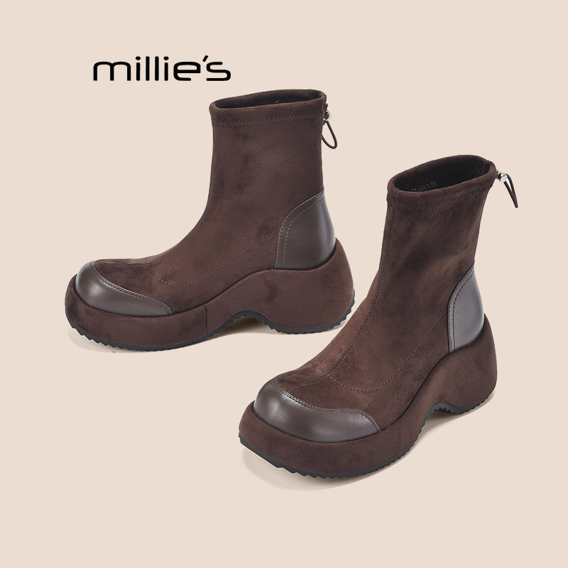 MILLIE'S/妙丽短靴女新款冬季复古小裸靴子女绒面袜靴弹力瘦瘦靴Q,淘宝优惠券,粉丝福利购,淘宝优惠卷