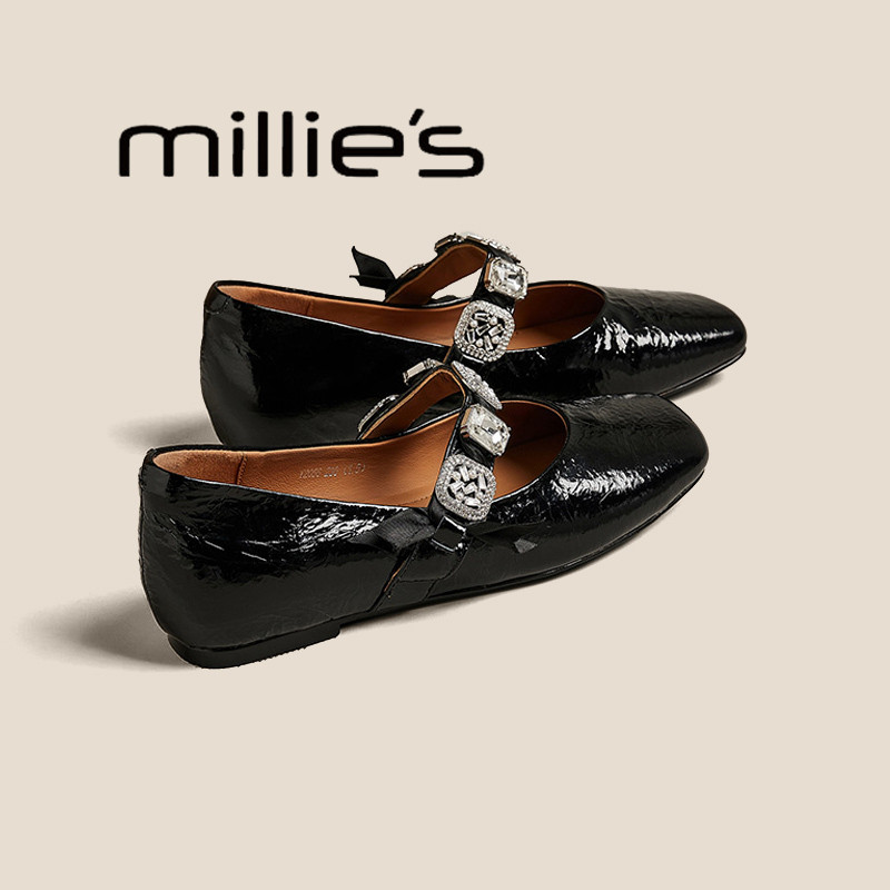 MILLIE'S/妙丽女鞋方头平底法式玛丽珍鞋2025夏小皮水钻浅口单鞋,淘宝优惠券,粉丝福利购,淘宝优惠卷