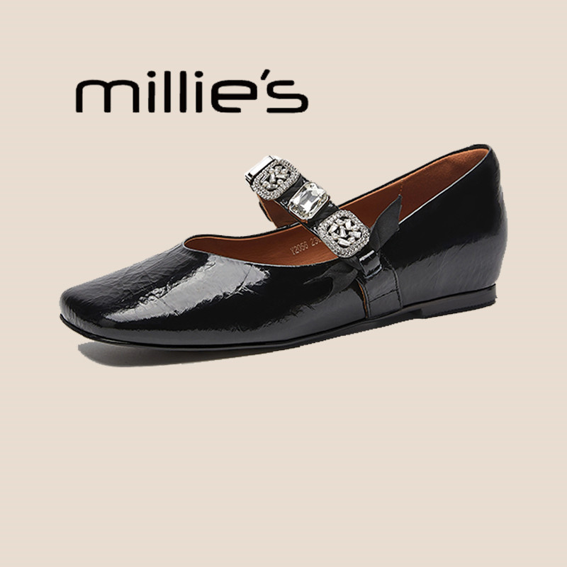 MILLIE'S/妙丽女鞋方头平底法式玛丽珍鞋2025夏小皮水钻浅口单鞋,淘宝优惠券,粉丝福利购,淘宝优惠卷