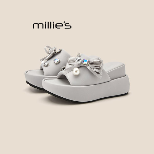 MILLIE'S/妙丽2025夏新款一字方头拖鞋女夏季外穿厚底增高凉拖鞋 - 图1