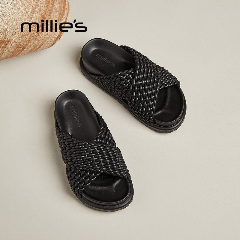 MILLIE'S/妙丽2025夏季新款厚底凉鞋女鞋编织交叉带外穿拖鞋沙滩,淘宝优惠券,粉丝福利购,淘宝优惠卷