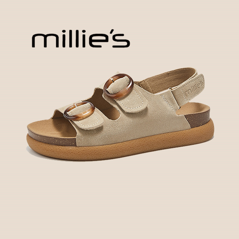 妙丽真皮厚底勃肯凉鞋女夏季新款罗马鞋魔术贴百搭休闲运动沙滩鞋,淘宝优惠券,粉丝福利购,淘宝优惠卷