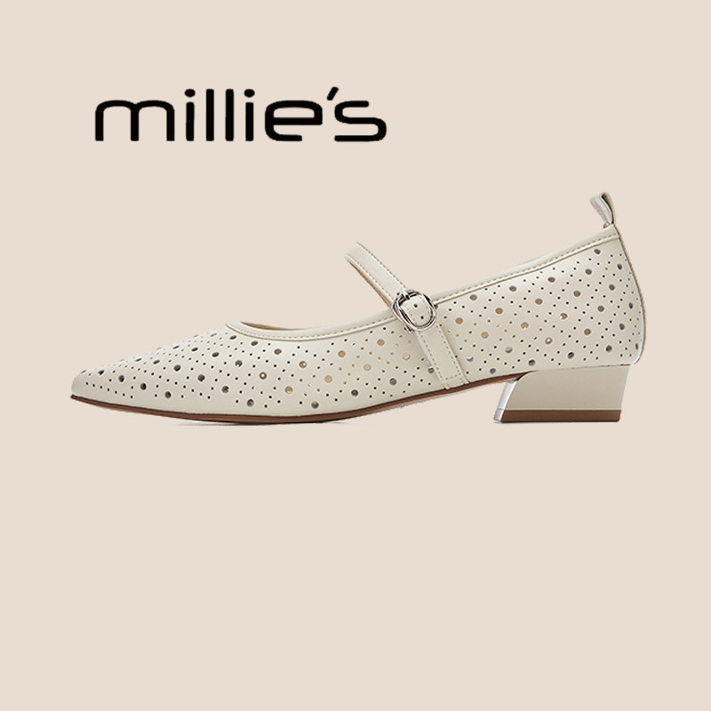 MILLIE'S/妙丽牛皮镂空冲孔玛丽珍鞋女鞋圆头浅口软平底法式单鞋,淘宝优惠券,粉丝福利购,淘宝优惠卷