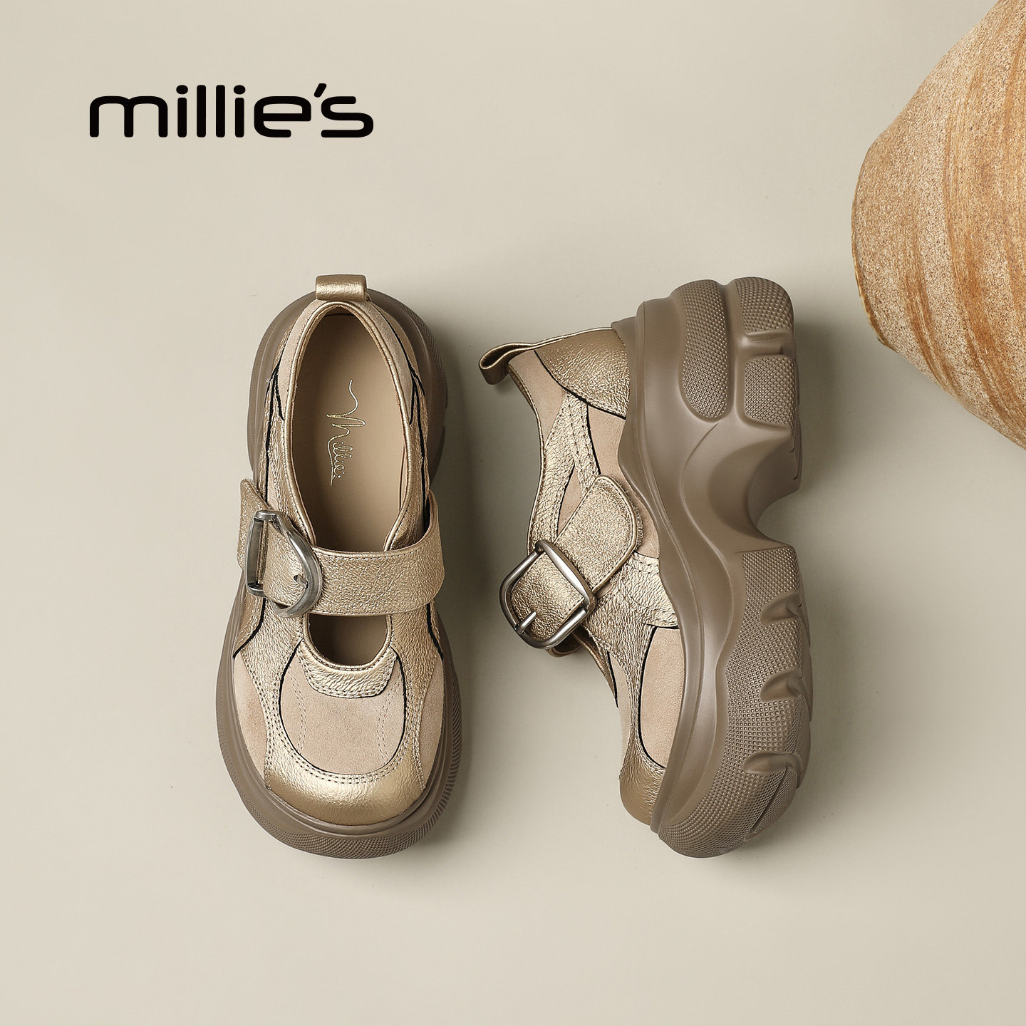 MILLIE'S/妙丽厚底玛丽珍鞋女2026春季魔术贴百搭休闲增高单鞋Q,淘宝优惠券,粉丝福利购,淘宝优惠卷