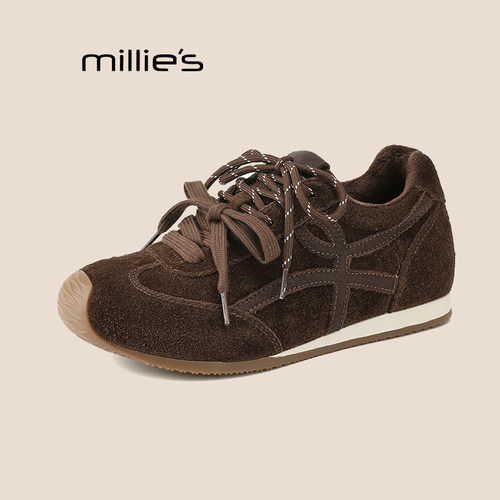 MILLIE'S/妙丽反绒皮复古风德训鞋女厚底阿甘鞋增高休闲板鞋Z - 图2