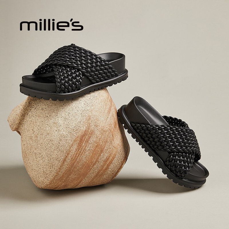 MILLIE'S/妙丽2025夏季新款厚底凉鞋女鞋编织交叉带外穿拖鞋沙滩,淘宝优惠券,粉丝福利购,淘宝优惠卷