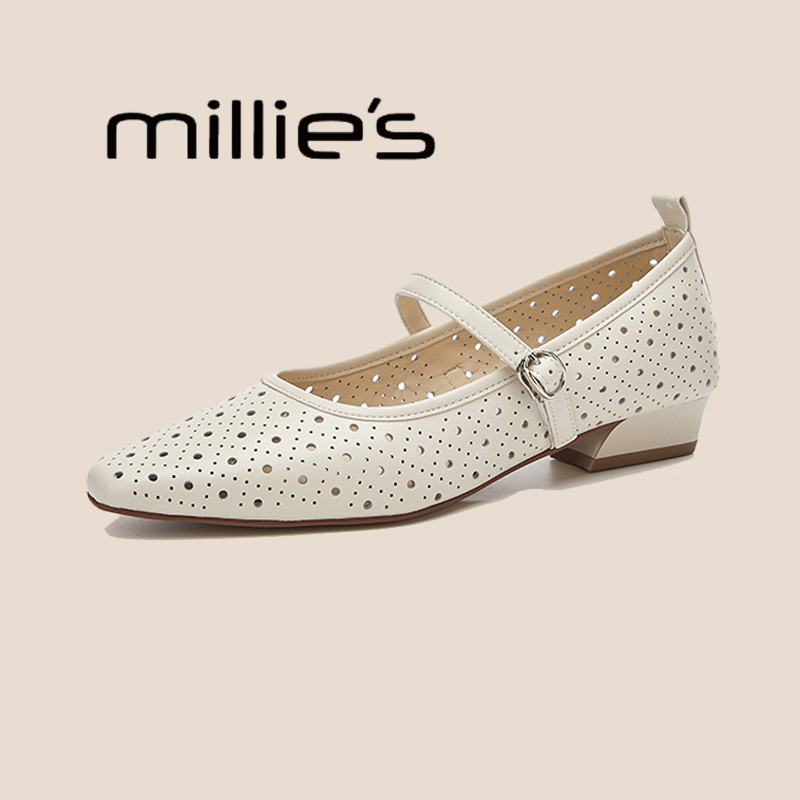 MILLIE'S/妙丽牛皮镂空冲孔玛丽珍鞋女鞋圆头浅口软平底法式单鞋,淘宝优惠券,粉丝福利购,淘宝优惠卷