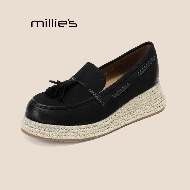 MILLIE'S/妙丽流苏厚底乐福鞋女款新款草编一脚蹬英伦风小皮鞋秋,淘宝优惠券,粉丝福利购,淘宝优惠卷