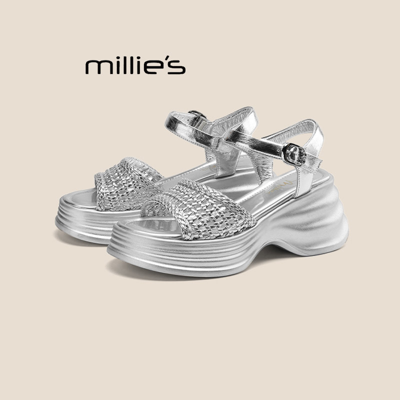 MILLIE'S/妙丽增高鱼嘴编织一字带凉鞋女夏厚底坡跟超高跟罗马鞋,淘宝优惠券,粉丝福利购,淘宝优惠卷