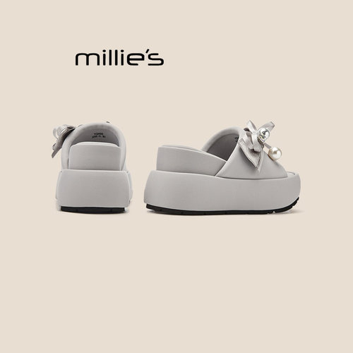 MILLIE'S/妙丽2025夏新款一字方头拖鞋女夏季外穿厚底增高凉拖鞋 - 图3