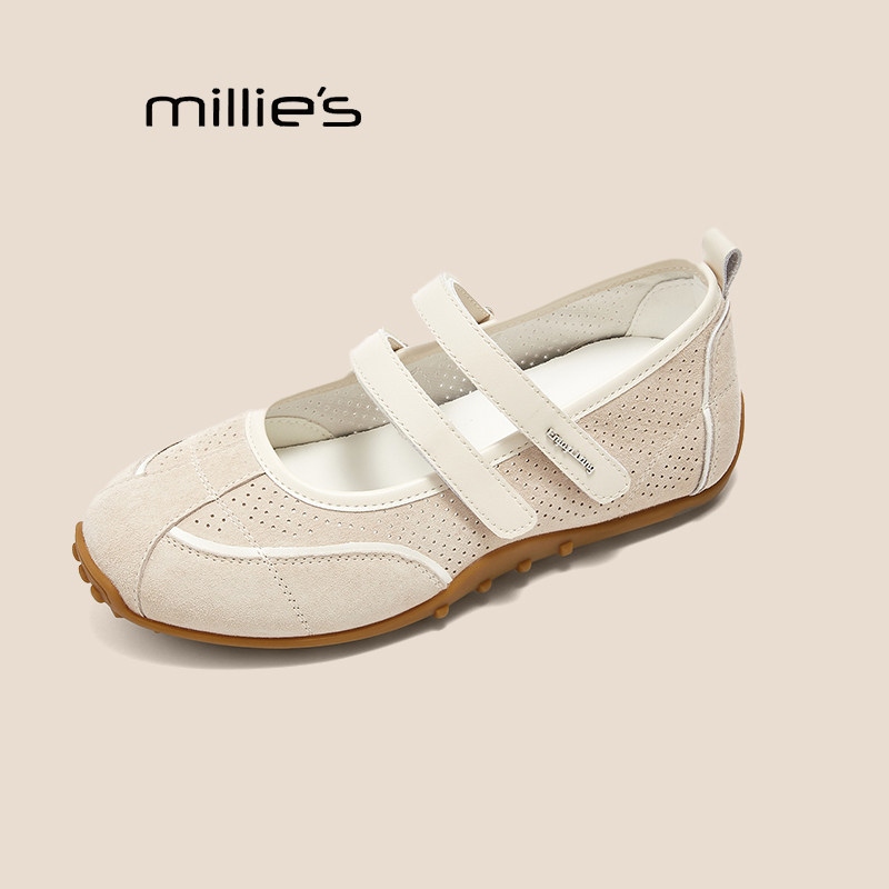 MILLIE'S/妙丽法式魔术贴玛丽珍复古百搭单鞋春夏透气款芭蕾休闲 - 图0