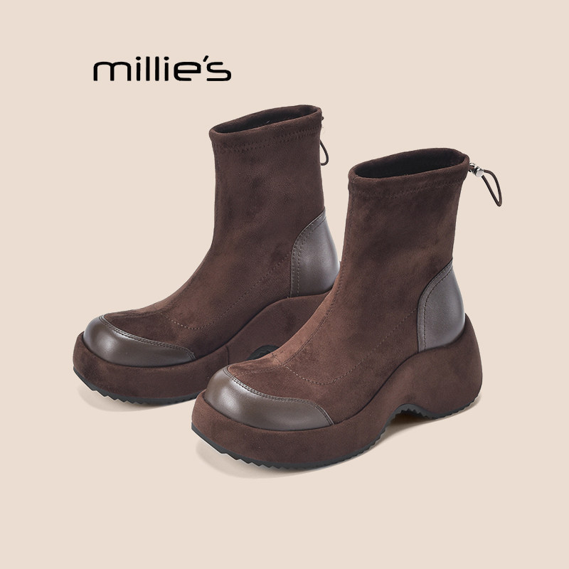 MILLIE'S/妙丽短靴女新款冬季复古小裸靴子女绒面袜靴弹力瘦瘦靴Q,淘宝优惠券,粉丝福利购,淘宝优惠卷