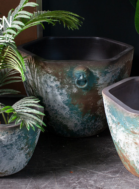 优选粗陶手工流水水景盆复古陶瓷仿古大缸浮世绘鱼缸落地摆件庭院