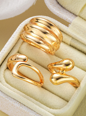 Women Ring Sets欧美饰品创意感小众金属素圈弧形水滴戒指3件套