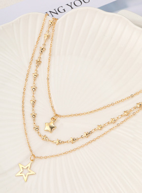 欧美镂空五角星吊坠项链创意个性复古多层叠戴锁骨链女Necklace