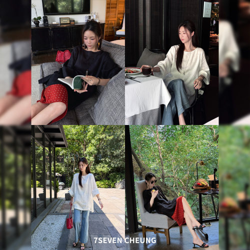 7SEVEN 100亚麻~纯色休闲廓形插肩袖圆领百搭短袖宽松衬衫上衣女 - 图3
