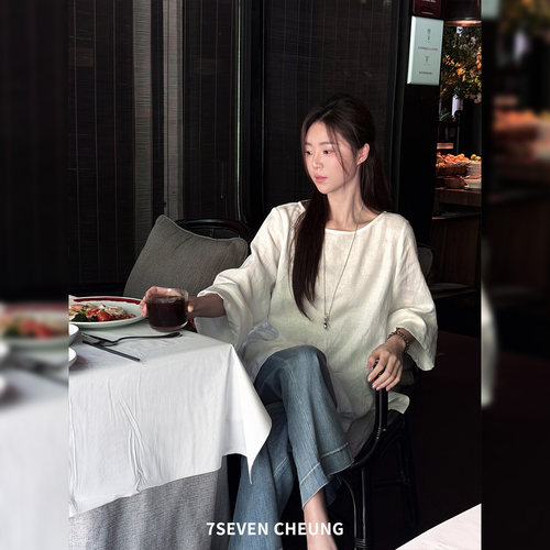 7SEVEN 100亚麻~纯色休闲廓形插肩袖圆领百搭短袖宽松衬衫上衣女 - 图1