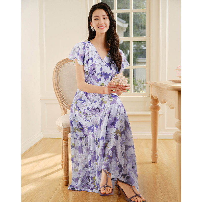 珂莱商场同款女装2025夏季新款紫色优雅收腰飘逸印花短袖连衣裙子