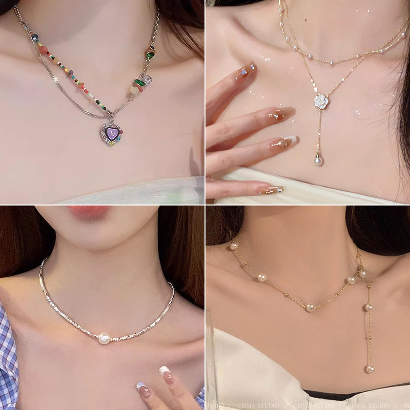 多巴胺串珠项链饰品女百搭气质小众高级感爱心珍珠锁骨链配饰批发 - 图0