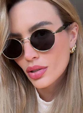 新款椭圆太阳镜时尚复古金属街拍防晒遮阳眼镜欧美高级感墨镜