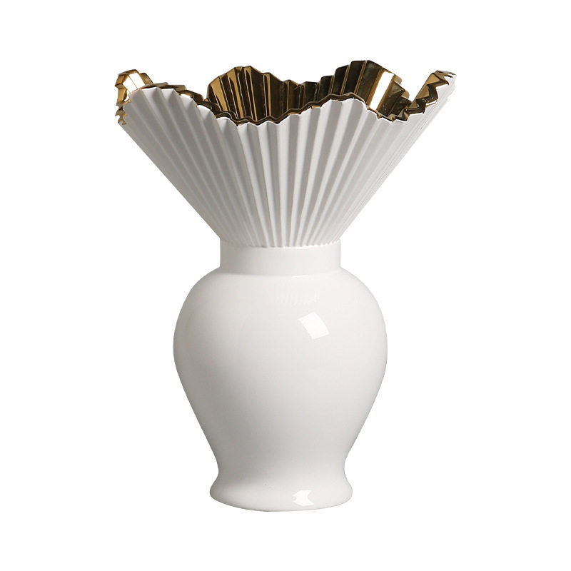 Best west 珠光白轻奢荷叶边陶瓷大肚花瓶家居玄关客厅桌面花器,淘宝优惠券,粉丝福利购,淘宝优惠卷