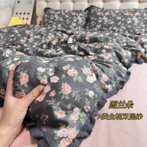 A类母婴幼儿全棉有氧双层纱纯棉皱皱花边款床上四件套床单被套 - 图0