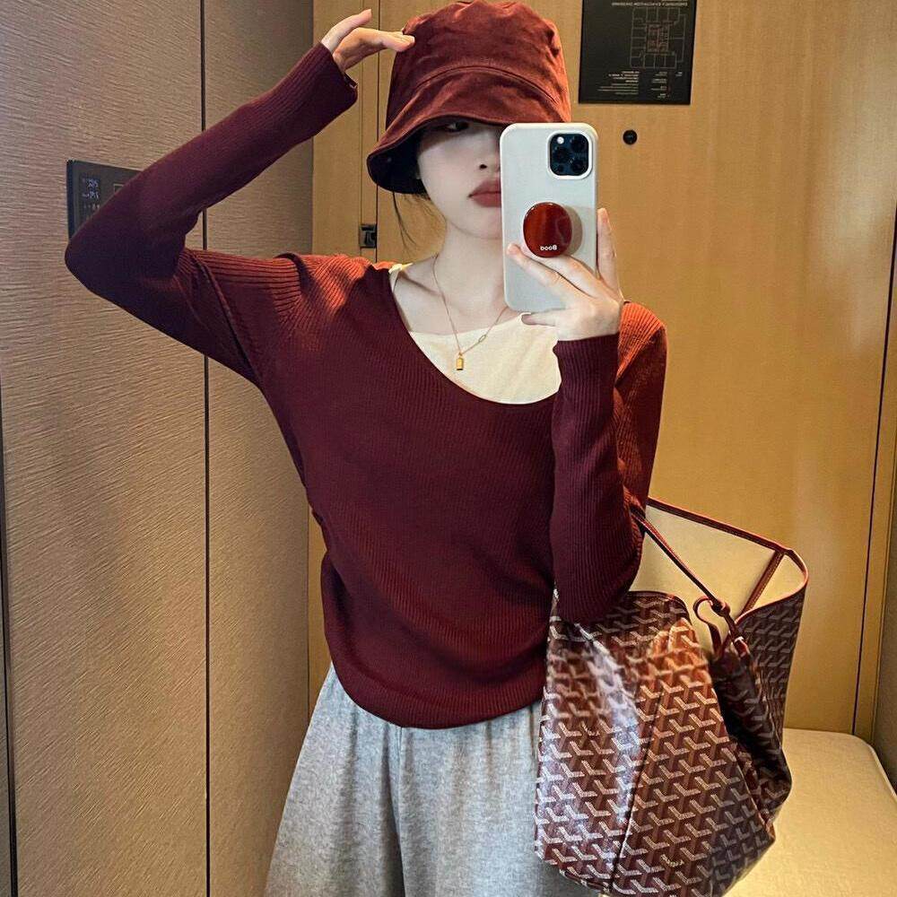 大码女装胖mm穿搭慵懒风显瘦假两件拼接撞色小众上衣ak1