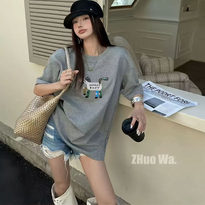 2025年夏季新款T恤女装韩系独特刺绣短袖t恤夏季宽松显瘦上衣L