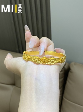 錾刻繁华双喜牡丹花开口手镯