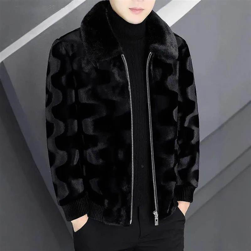 临蔡男装高端冬季男士皮草外套加绒加厚翻领夹克皮毛一体保暖上衣 - 图1