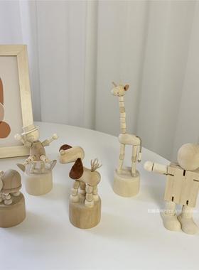 ins风桌面趣味动物小摆件木头人关节可调节桌面装饰拍照装饰背景