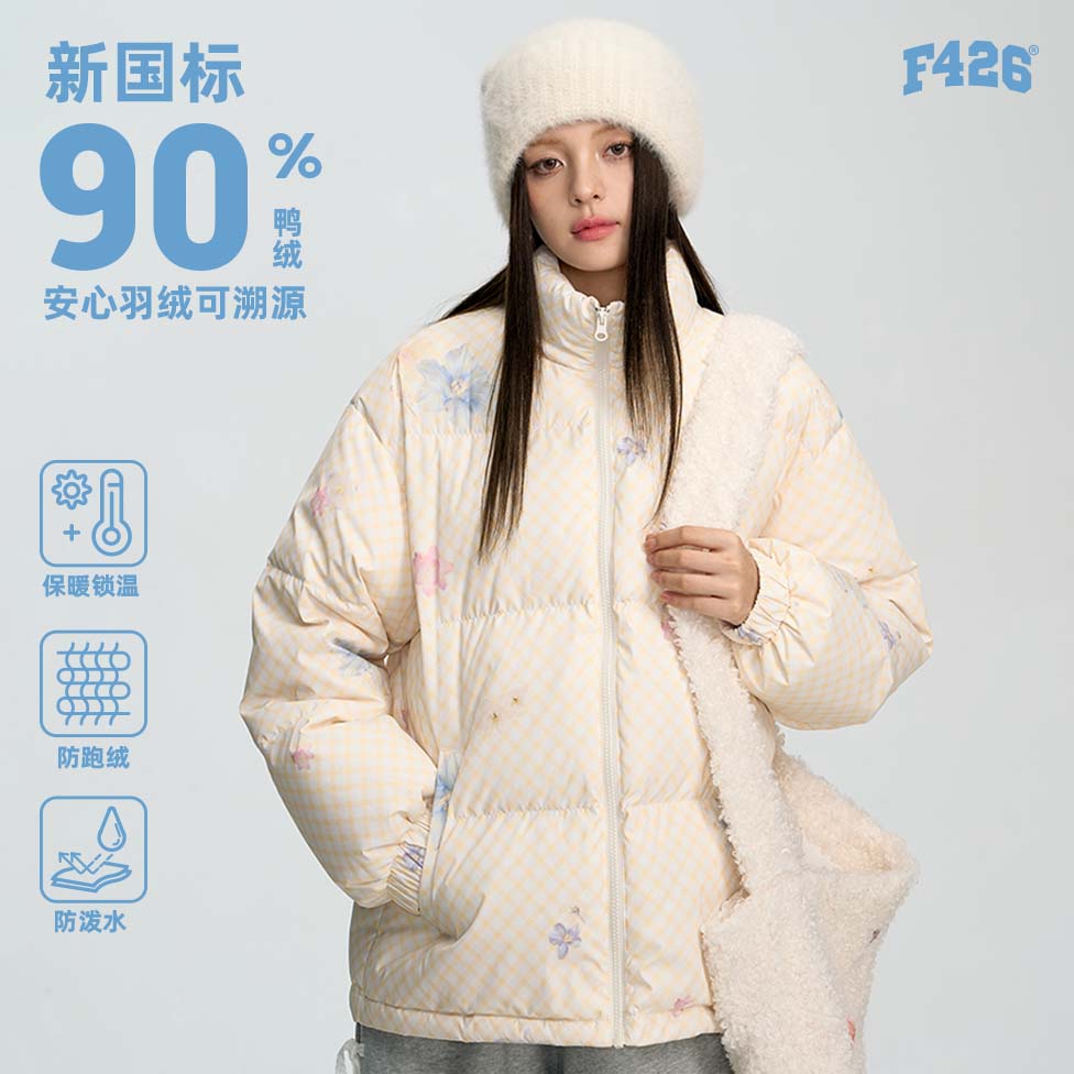 【羽绒系列】F426奥莱店国潮牌春季新款学院风雪国格子花卉羽绒服 - 图0