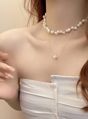 巴洛克异形淡水珍珠项链女双层叠戴设计感颈链鱼线擦绕串珠锁骨链