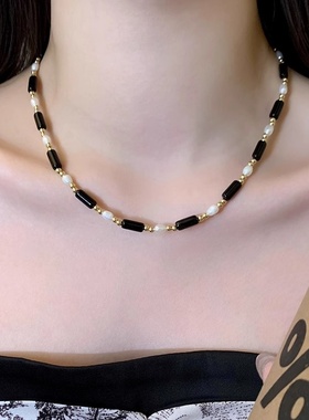 米粒淡水珍珠长条黑玛瑙项链女轻奢冷淡风小众锁骨链黑白撞色颈链