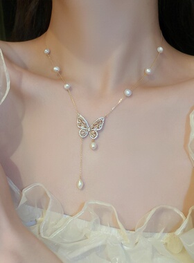 淡水珍珠锆石蝴蝶真金电镀锁骨链