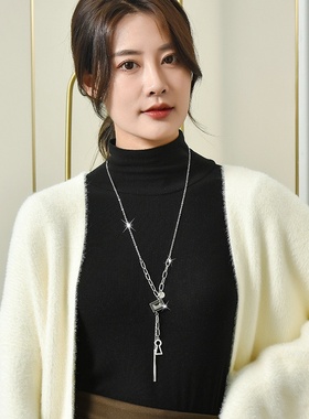 韩版秋冬水晶项链女简约毛衣链长款百搭流苏几何配饰挂件日韩风格