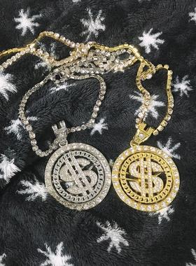 旋转美元镶钻项炼吊坠古巴炼男士潮街头嘻哈欧美ins网红说唱颈炼