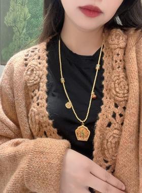 爆款热卖烧蓝绿度母吊坠磨砂金珠路路通古法沙金项链毛衣链女