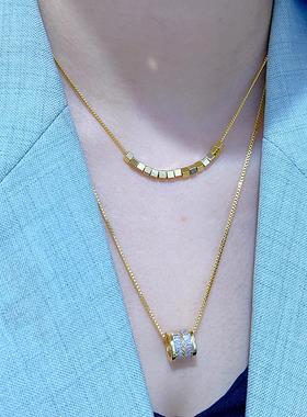 奢华超闪方块双层叠戴项链女轻奢微镶锆石小蛮腰锁骨链优雅气质潮