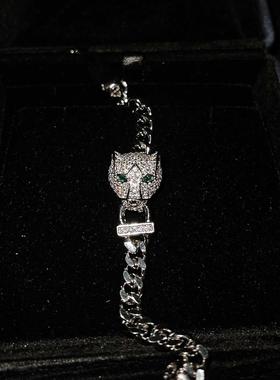 嘻哈风微镶满钻豹头手链欧美时尚高碳钻古巴链迈阿密中性手链