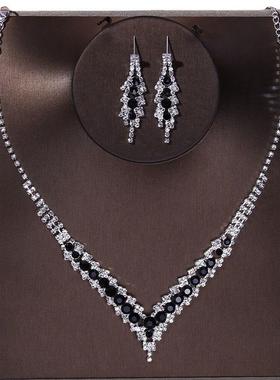 时尚百搭气质水钻晚礼服项链耳环套链女性感锁骨链新娘首饰装饰品
