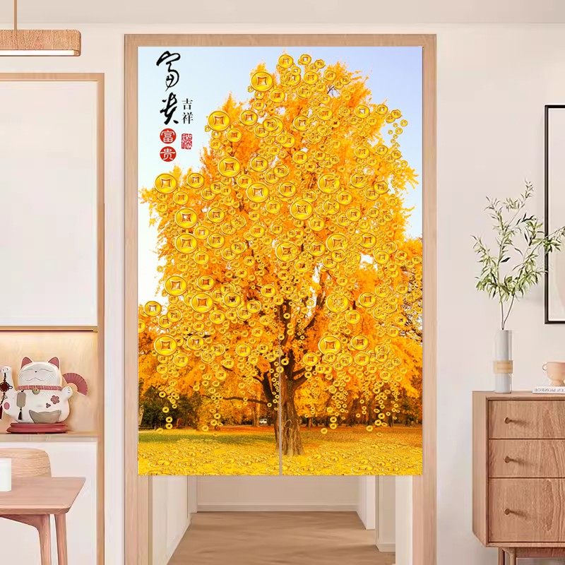 中式发财树门帘隔断帘卧室客厅家用入户厨房卫生间挂帘遮挡半帘子,淘宝优惠券,粉丝福利购,淘宝优惠卷