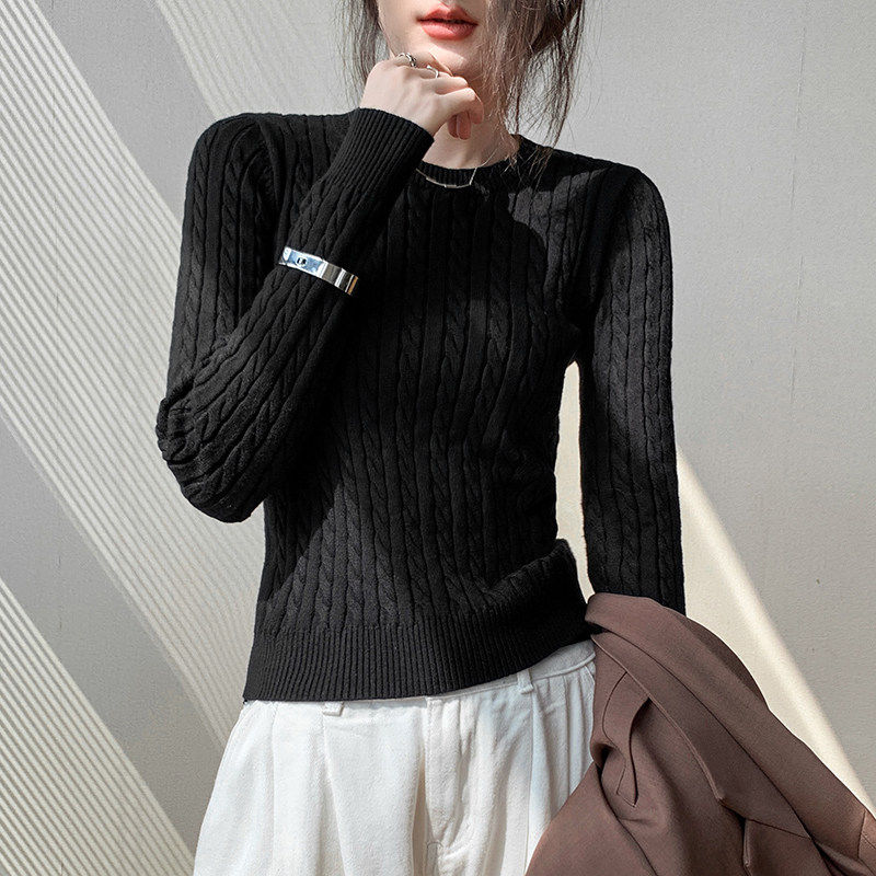 歌倍尚圆领绞花毛衣女2025秋冬款新款长袖修身灰色内搭针织打底衫,淘宝优惠券,粉丝福利购,淘宝优惠卷