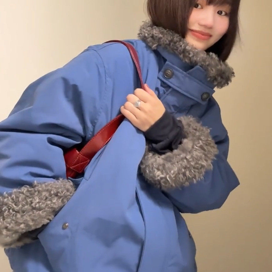 美式复古蓝色毛毛拼接夹克外套女秋冬季设计感加厚保暖棉服派克服,淘宝优惠券,粉丝福利购,淘宝优惠卷