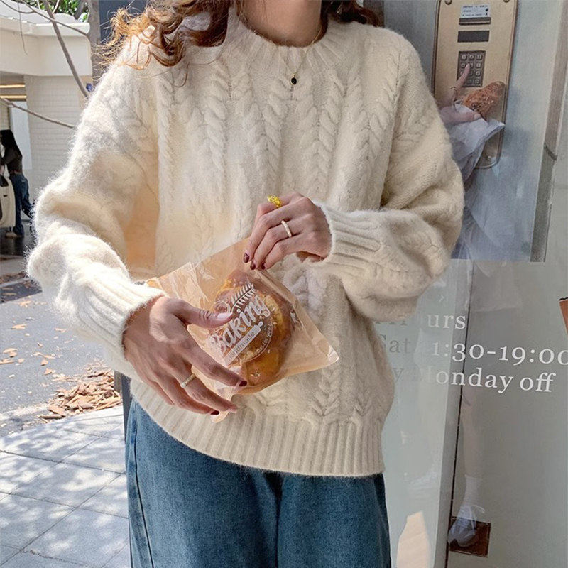 蓝色麻花毛衣女秋冬小个子宽松慵懒风内搭打底针织衫加厚圆领上衣,淘宝优惠券,粉丝福利购,淘宝优惠卷